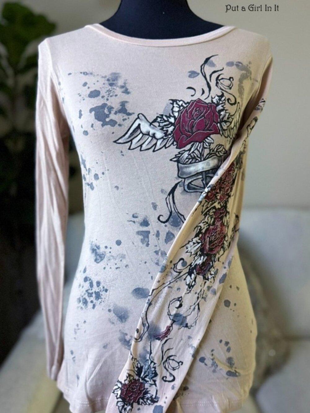 New Vocal Apparel Women's Tan Beige Rose Angel Wings Long Sleeve Shirt S M L XL